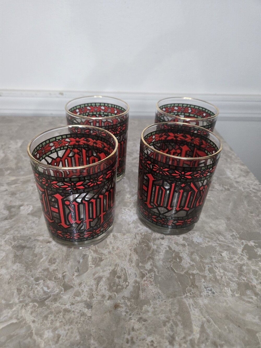 Vintage 1970s Houze stained glass "Happy Holidays" lowball bar glasses- set of 4